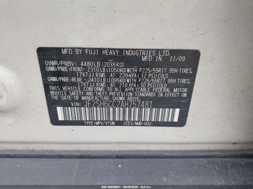 2010 Subaru Forester VIN JF2SH6CC2AH757481 IAAI salvage auction — NORMAL WEAR, Clear-Dealer Only (Alaska), sold $550 on 2026-07-29 (photo 9)