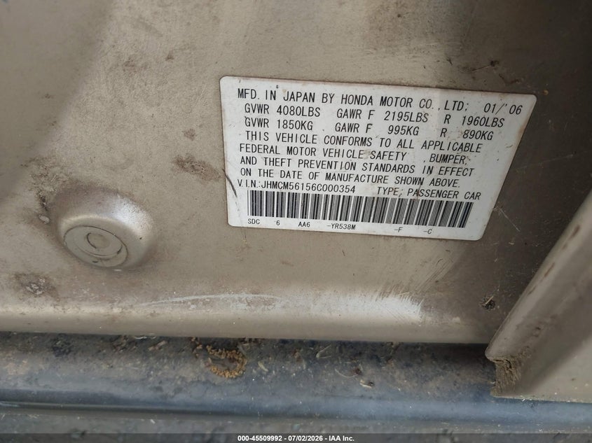 2006 Honda Accord VIN JHMCM56156C000354 IAAI salvage auction — NORMAL WEAR, Clear (Arkansas), sold $400 on 2026-07-15 (photo 9)