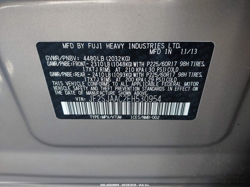 2014 Subaru Forester VIN JF2SJAAC2EH530954 IAAI salvage auction — NORMAL WEAR, Clear - Dealer Only (California), sold $3,175 on 2026-07-09 (photo 9)