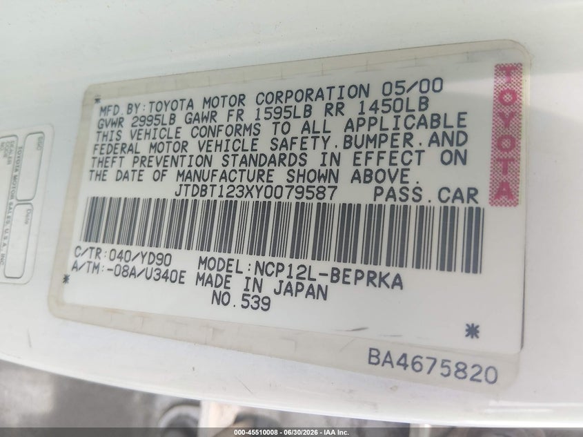 2000 Toyota Echo VIN JTDBT123XY0079587 IAAI salvage auction — NORMAL WEAR, Repossession Paperwork (Georgia), sold $425 on 2026-07-24 (photo 9)