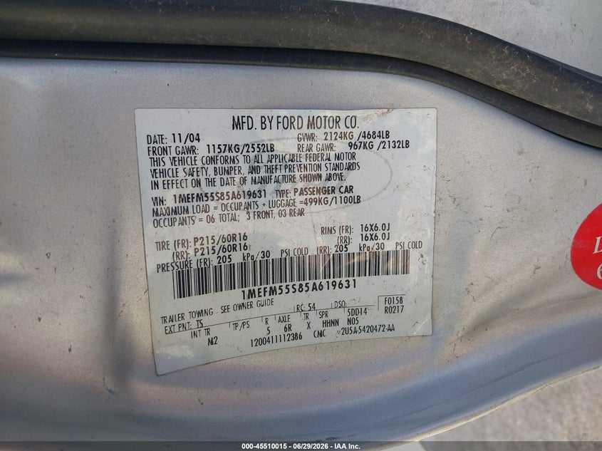 2005 Mercury Sable VIN 1MEFM55S85A619631 IAAI salvage auction — NORMAL WEAR, Clear (Arizona), sold $250 on 2026-07-30 (photo 9)
