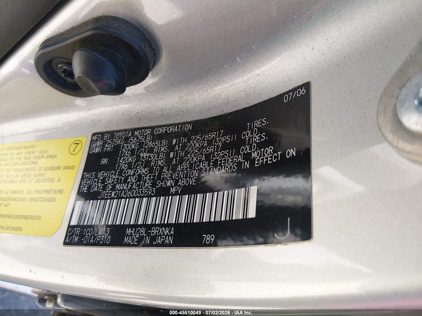 2006 Toyota Highlander VIN JTEEW21A260033593 IAAI salvage auction — FRONT END, Salvage (California), sold $550 on 2026-07-30 (photo 9)