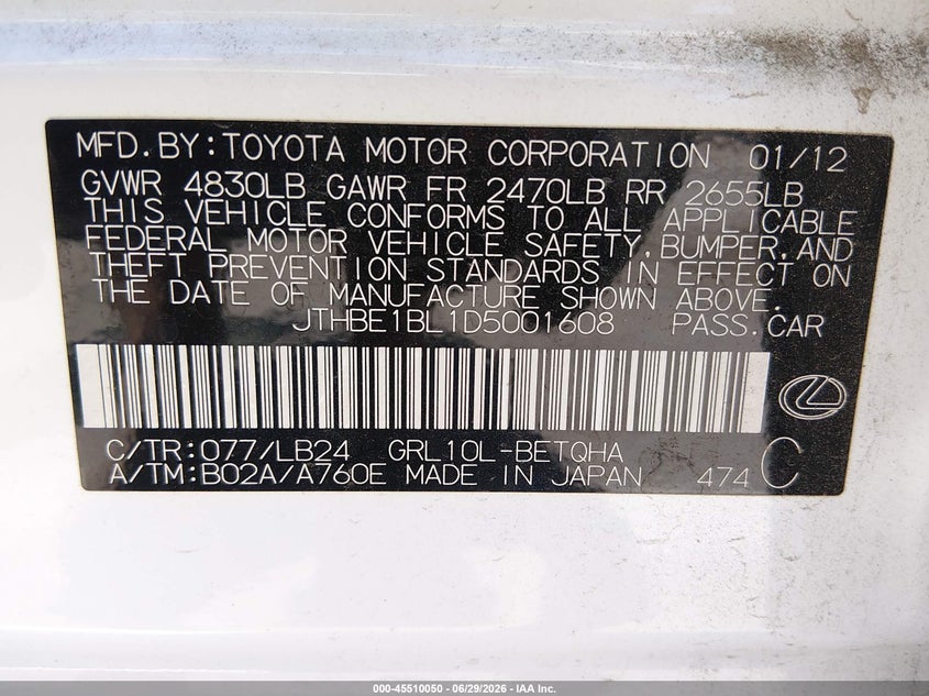 2013 Lexus Gs VIN JTHBE1BL1D5001608 IAAI salvage auction — NORMAL WEAR, Clear - Dealer Only (California), sold $9,150 on 2026-07-07 (photo 9)