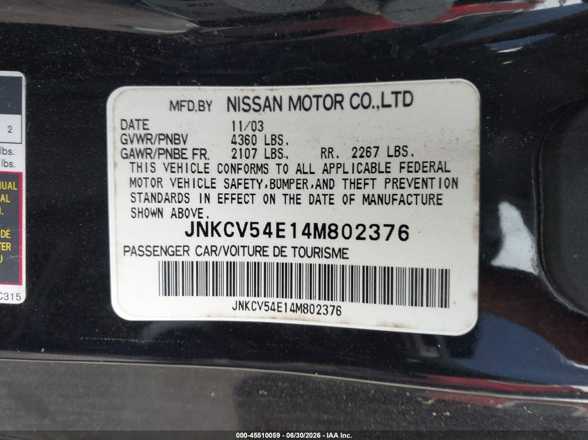 2004 Infiniti G35 VIN JNKCV54E14M802376 IAAI salvage auction — NORMAL WEAR, Clear (Washington), sold $1,700 on 2026-07-08 (photo 9)