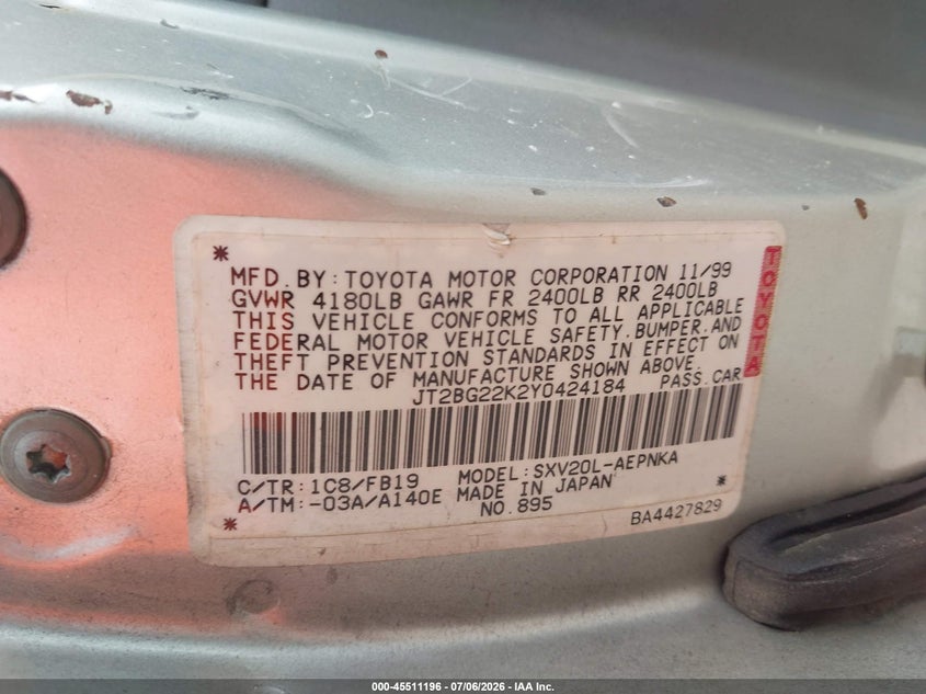2000 Toyota Camry VIN JT2BG22K2Y0424184 IAAI salvage auction — MECHANICAL, Clear (Maryland), sold $325 on 2026-07-15 (photo 9)