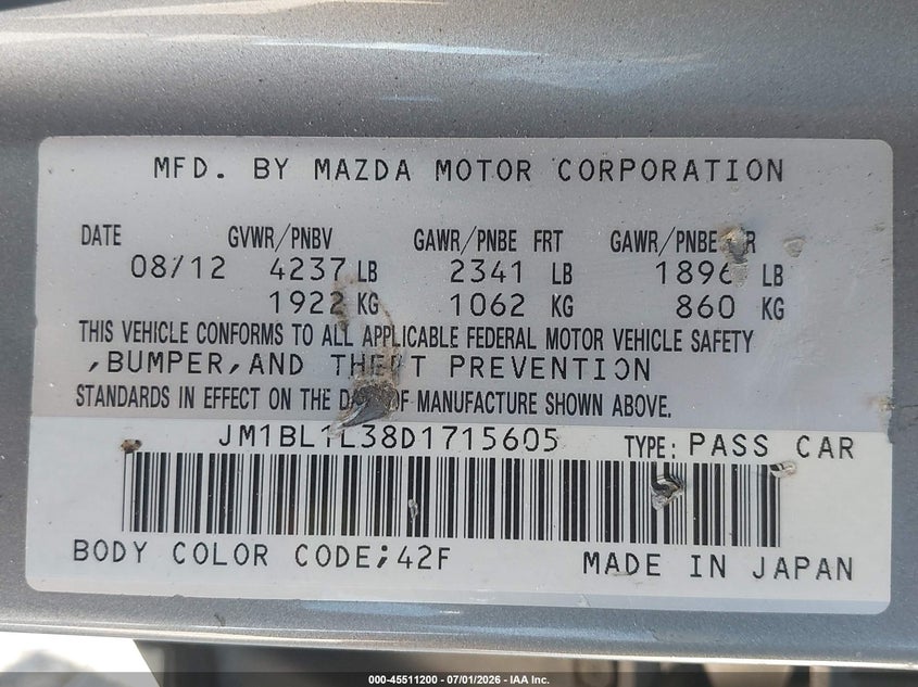 2013 Mazda 3 VIN JM1BL1L38D1715605 IAAI salvage auction — NORMAL WEAR, Original (Texas), sold $725 on 2026-07-09 (photo 9)