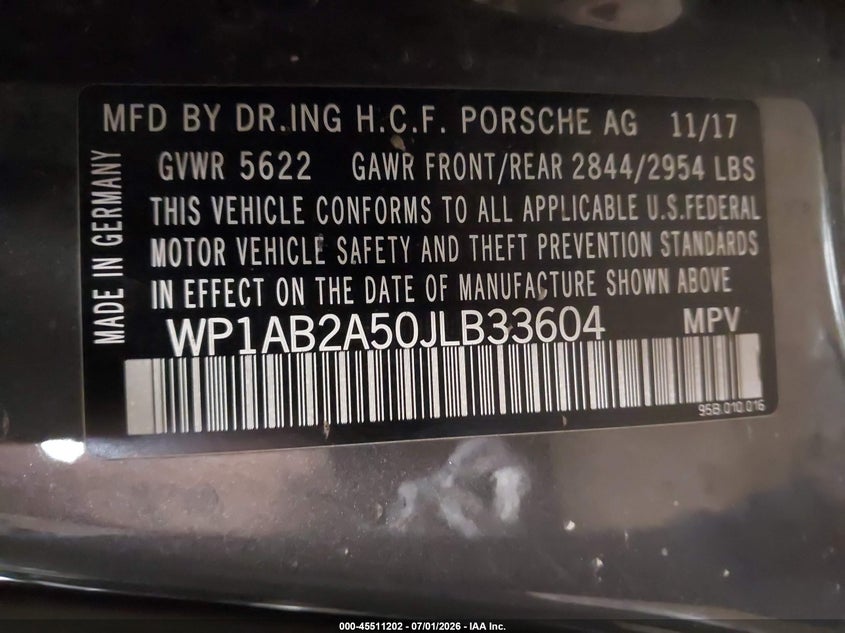 2018 Porsche Macan VIN WP1AB2A50JLB33604 IAAI salvage auction — FRONT END, Salvage Title, sold $4,100 on 2026-08-10 (photo 9)