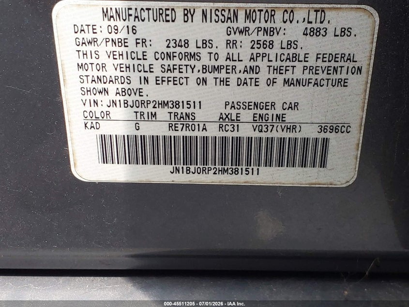 2017 Infiniti Qx50 VIN JN1BJ0RP2HM381511 IAAI salvage auction — NORMAL WEAR, Clear (Alabama), sold $3,250 on 2026-07-07 (photo 9)