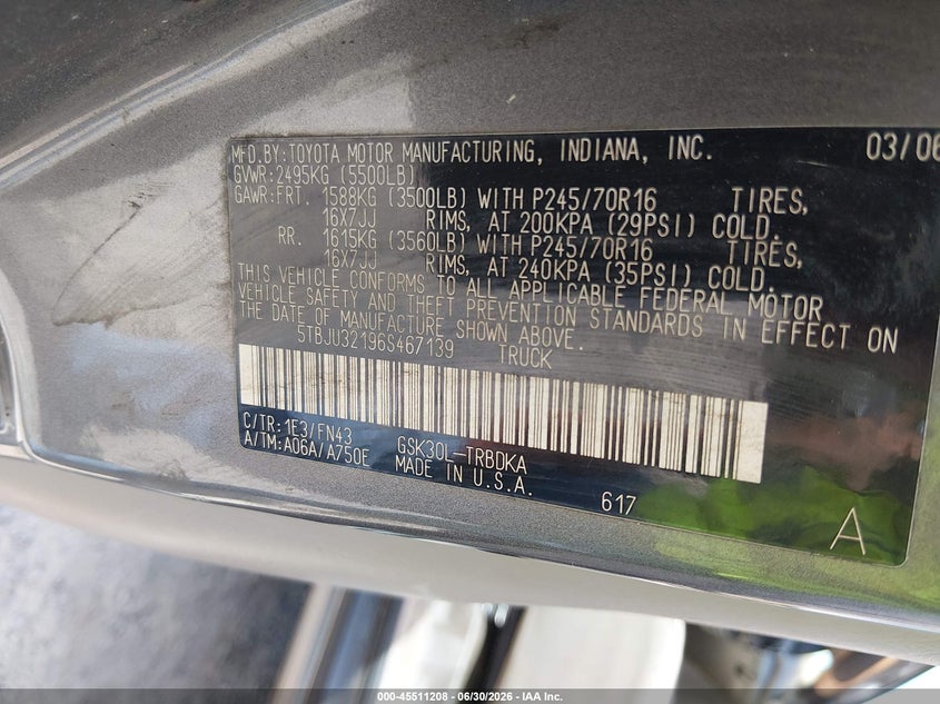 2006 Toyota Tundra VIN 5TBJU32196S467139 IAAI salvage auction — NORMAL WEAR, Clear (South Carolina), sold $3,400 on 2026-07-07 (photo 9)