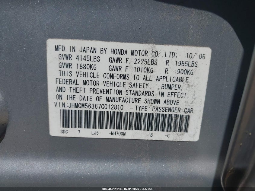 2007 Honda Accord VIN JHMCM56367C012810 IAAI salvage auction — REAR END, Salvage (Rhode Island), sold $25 on 2026-07-28 (photo 9)