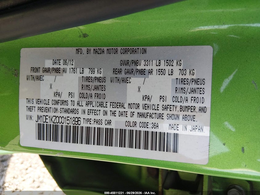 2012 Mazda 2 VIN JM1DE1KZ0C0151896 IAAI salvage auction — NORMAL WEAR, Clear (Delaware), sold $325 on 2026-07-06 (photo 9)