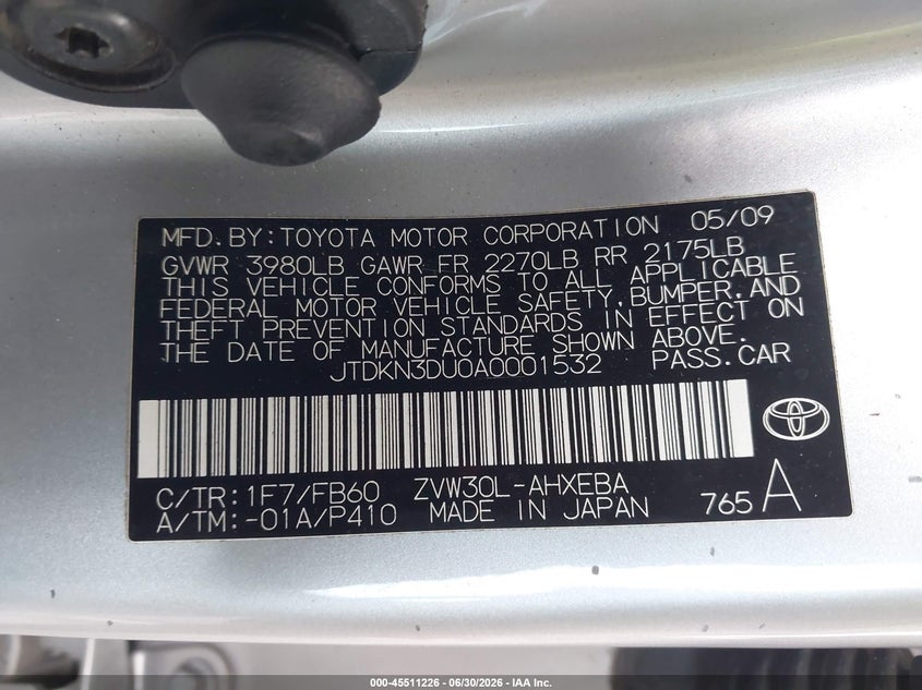 2010 Toyota Prius VIN JTDKN3DU0A0001532 IAAI salvage auction — NORMAL WEAR, Clear (Florida), sold $1,850 on 2026-07-07 (photo 9)