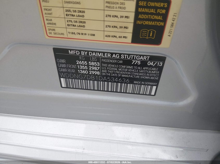 2013 Mercedes-benz S-klasse VIN WDDNG7DB1DA534636 IAAI salvage auction — NORMAL WEAR, Original (Texas), sold $1,200 on 2026-07-17 (photo 9)
