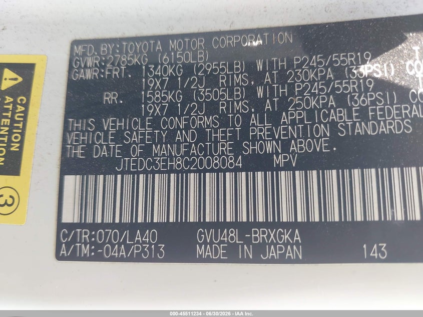 2012 Toyota Highlander hybrid VIN JTEDC3EH8C2008084 IAAI salvage auction — NORMAL WEAR, Clear (Florida), sold $3,700 on 2026-07-07 (photo 9)