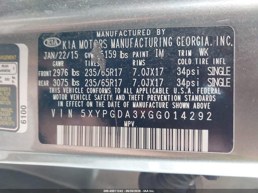2016 Kia Sorento VIN 5XYPGDA3XGG014292 IAAI salvage auction — NORMAL WEAR, Clear (New York), sold $1,250 on 2026-07-21 (photo 9)
