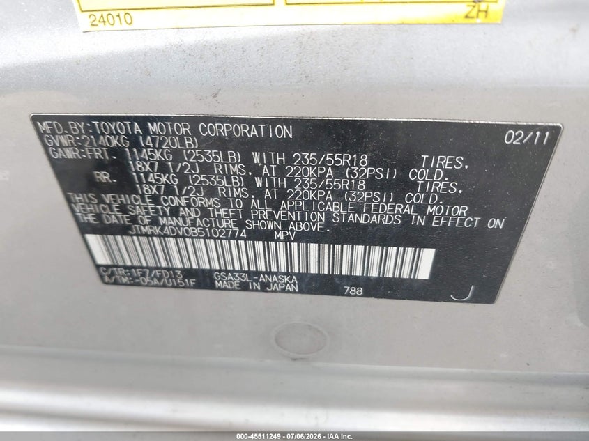 2011 Toyota Rav4 VIN JTMRK4DV0B5102774 IAAI salvage auction — FRONT END, Clear (Massachusetts), sold $2,075 on 2026-07-27 (photo 9)
