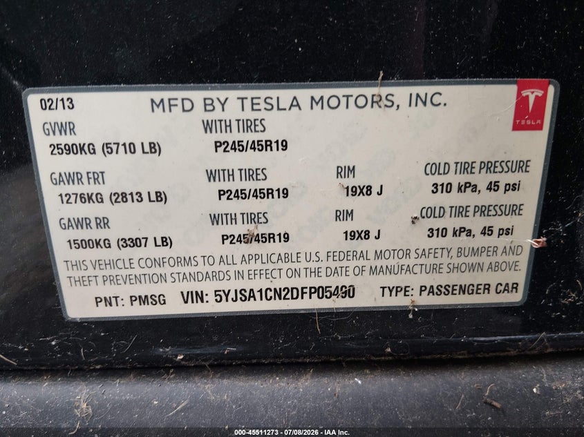 2013 Tesla Model s VIN 5YJSA1CN2DFP05490 IAAI salvage auction — NORMAL WEAR, Salvage Title, sold $575 on 2026-07-29 (photo 9)