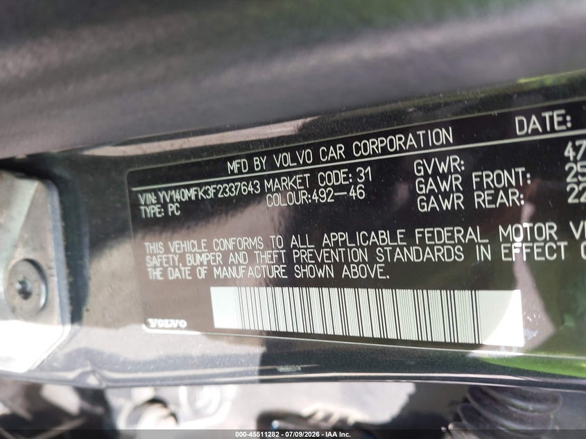 2015 Volvo S60 VIN YV140MFK3F2337643 IAAI salvage auction — REAR END, Salvage (Illinois), sold $1,000 on 2026-08-12 (photo 9)