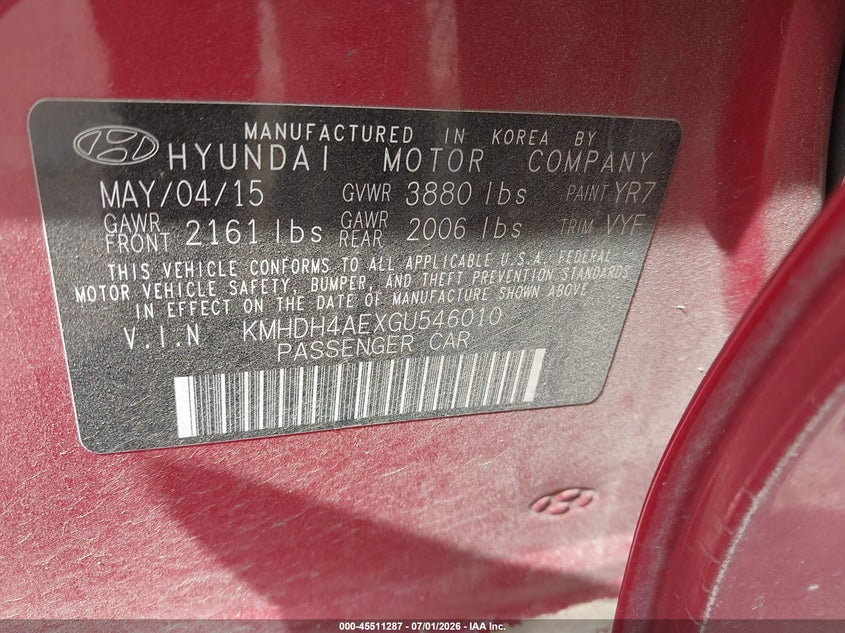 2016 Hyundai Elantra VIN KMHDH4AEXGU546010 IAAI salvage auction — NORMAL WEAR, Clear (Oklahoma), sold $1,700 on 2026-07-15 (photo 9)