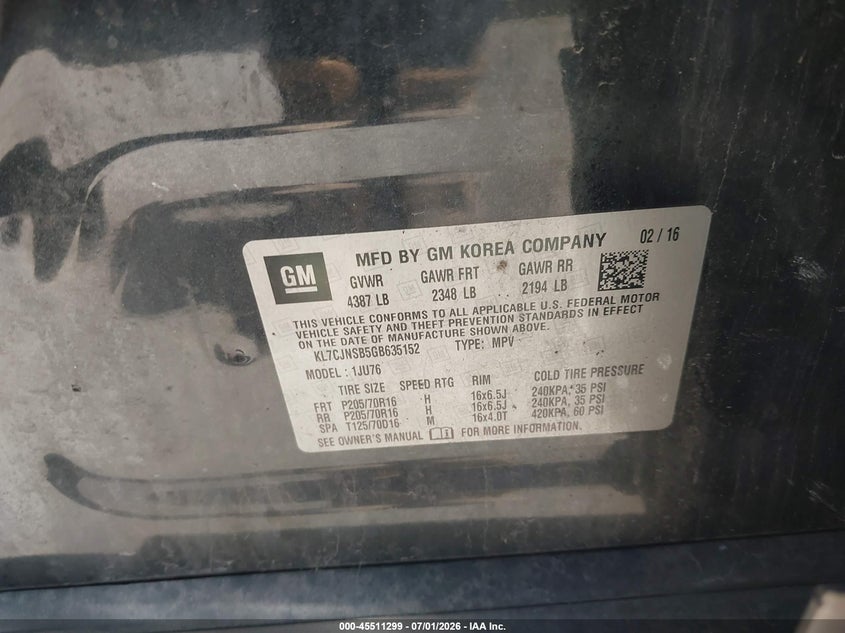 2016 Chevrolet Trax VIN KL7CJNSB5GB635152 IAAI salvage auction — NORMAL WEAR, Original (Ohio), sold $400 on 2026-07-28 (photo 9)
