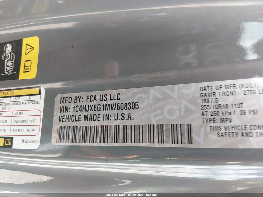 2021 Jeep Wrangler / VIN 1C4HJXEG1MW608305 IAAI salvage auction — FRONT END, Salvage Title, sold $11,100 on 2026-08-01 (photo 9)