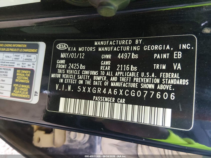 2012 Kia Optima VIN 5XXGR4A6XCG077606 IAAI salvage auction — NORMAL WEAR, Clear (Virginia), sold $450 on 2026-07-28 (photo 9)