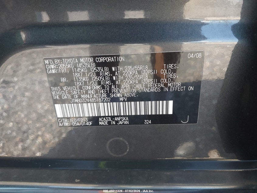 2008 Toyota Rav4 VIN JTMBD32V485187202 IAAI salvage auction — FRONT & REAR, Mv-907A (New York), sold $25 on 2026-07-21 (photo 9)