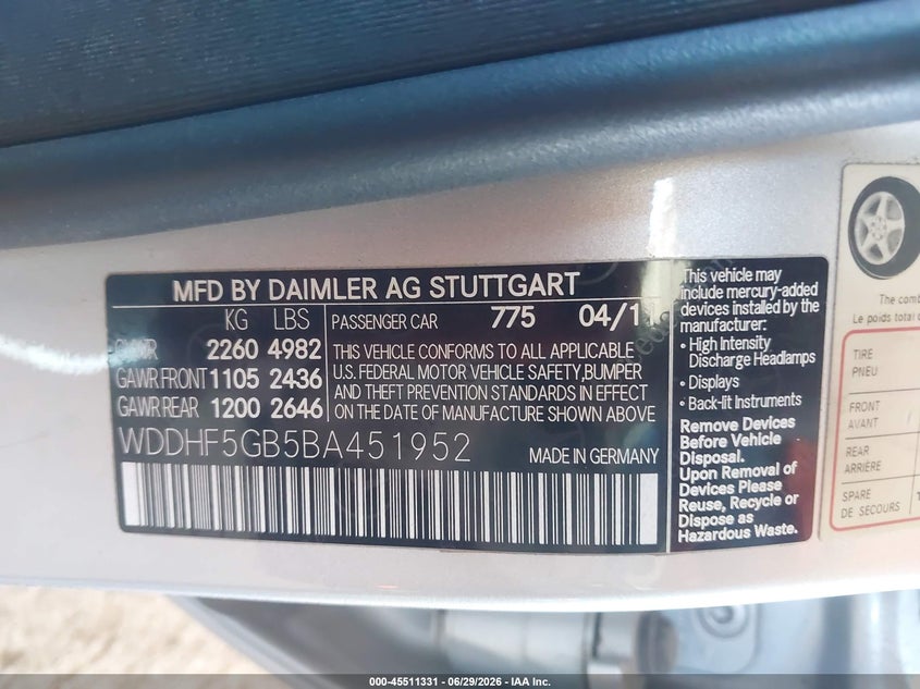 2011 Mercedes-benz E-class VIN WDDHF5GB5BA451952 IAAI salvage auction — NORMAL WEAR, Clear (Arizona), sold $1,300 on 2026-07-28 (photo 9)