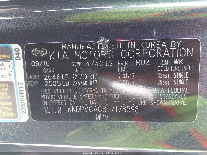 2017 Kia Sportage VIN KNDPMCAC8H7178593 IAAI salvage auction — HAIL, Salvage Title, sold $25 on 2026-07-29 (photo 9)