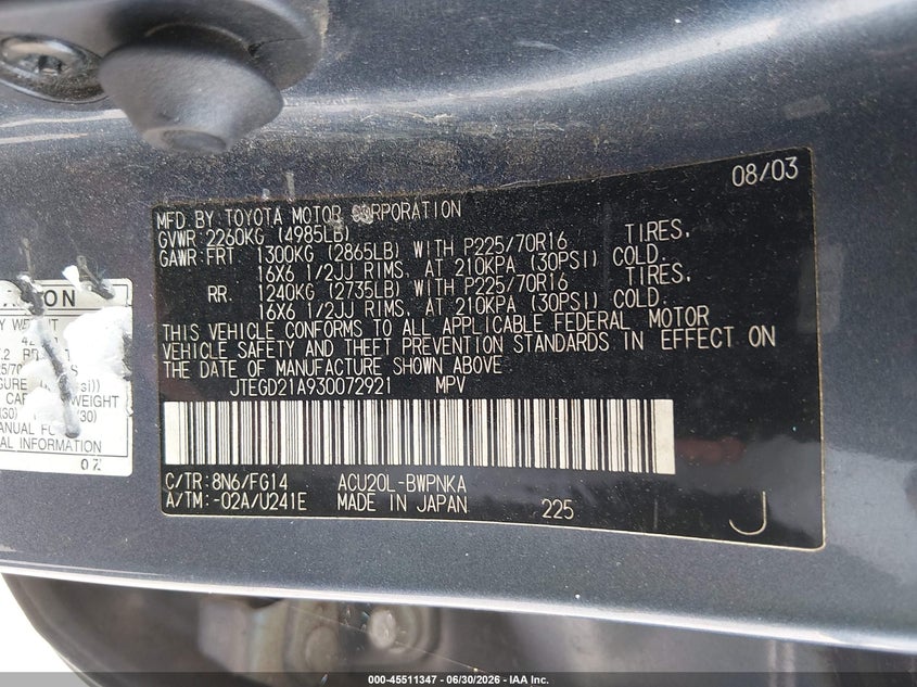 2003 Toyota Highlander VIN JTEGD21A930072921 IAAI salvage auction — NORMAL WEAR, Clear (South Carolina), sold $1,400 on 2026-07-15 (photo 9)