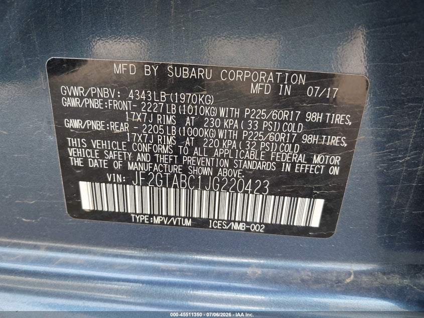 2018 Subaru Xv VIN JF2GTABC1JG220423 IAAI salvage auction — HAIL, Salvage (North Dakota), sold $5,100 on 2026-07-30 (photo 9)