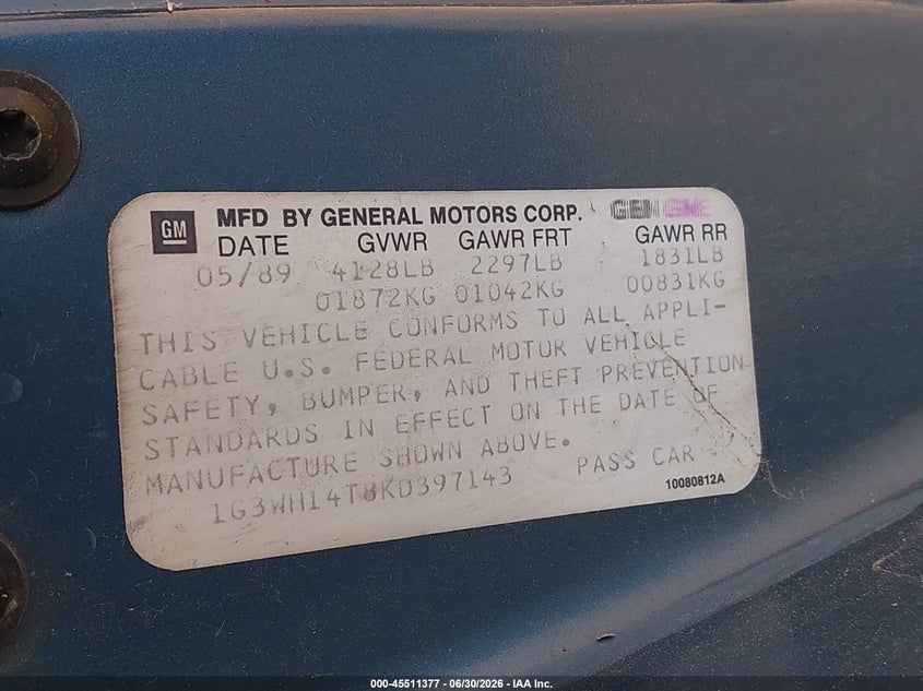 1989 Oldsmobile Cutlass supreme VIN 1G3WH14T8KD397143 IAAI salvage auction — NORMAL WEAR, Clear (Delaware), sold $350 on 2026-07-27 (photo 9)