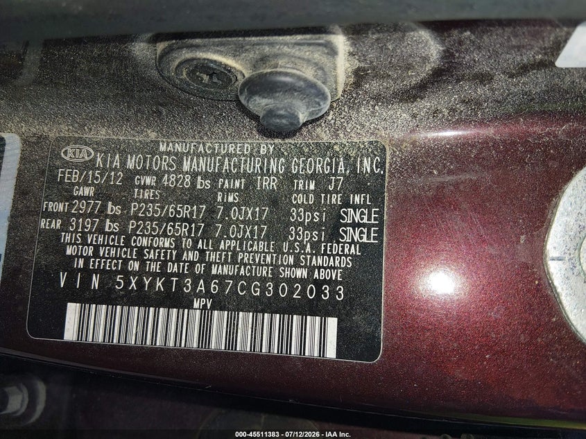 2012 Kia Sorento VIN 5XYKT3A67CG302033 IAAI salvage auction — NORMAL WEAR, Clear (Louisiana), sold $100 on 2026-07-29 (photo 9)