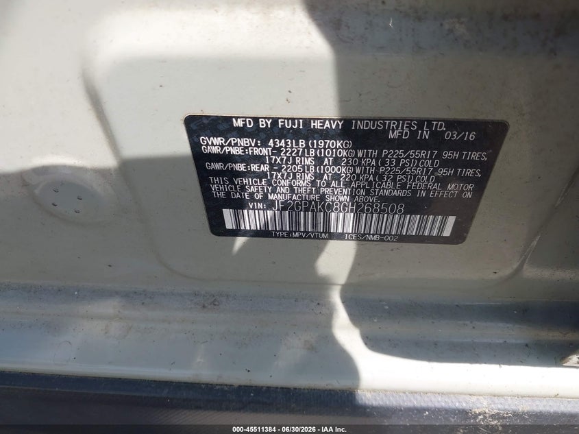 2016 Subaru Xv VIN JF2GPAKC8GH268508 IAAI salvage auction — NORMAL WEAR, Clear (Virginia), sold $2,400 on 2026-07-31 (photo 9)
