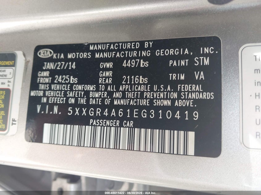 2014 Kia Optima VIN 5XXGR4A61EG310419 IAAI salvage auction — NORMAL WEAR, Clear (Pennsylvania), sold $350 on 2026-07-15 (photo 9)