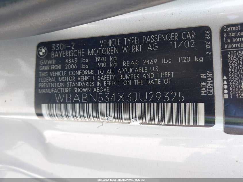 2003 BMW 3 series VIN WBABN534X3JU29325 IAAI salvage auction — NORMAL WEAR, Clear - Dealer Only (California), sold $725 on 2026-07-13 (photo 9)