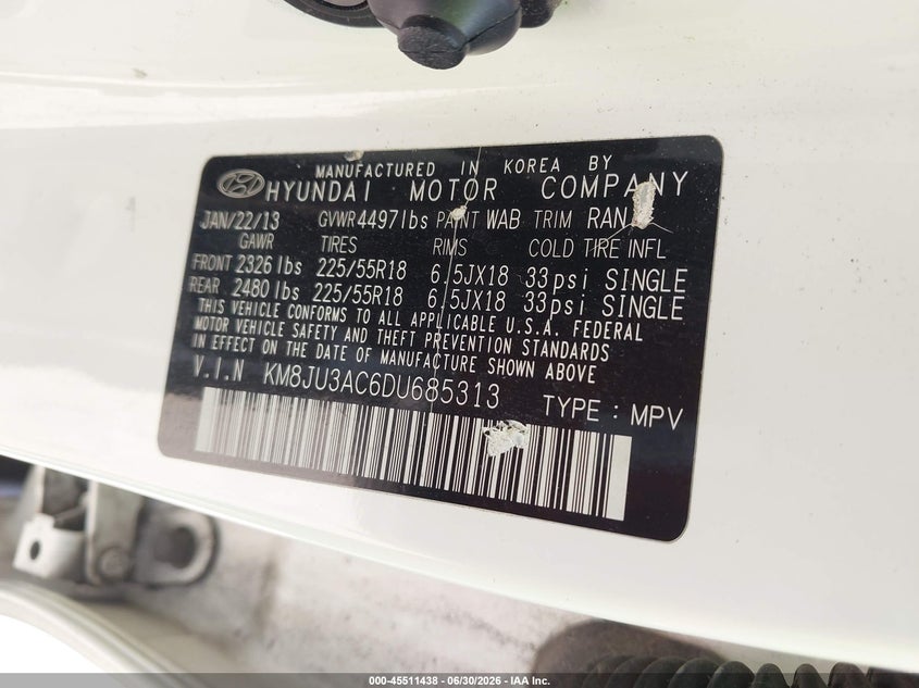 2013 Hyundai Tucson VIN KM8JU3AC6DU685313 IAAI salvage auction — SIDE, Salvage Title, sold $2,250 on 2026-08-01 (photo 9)