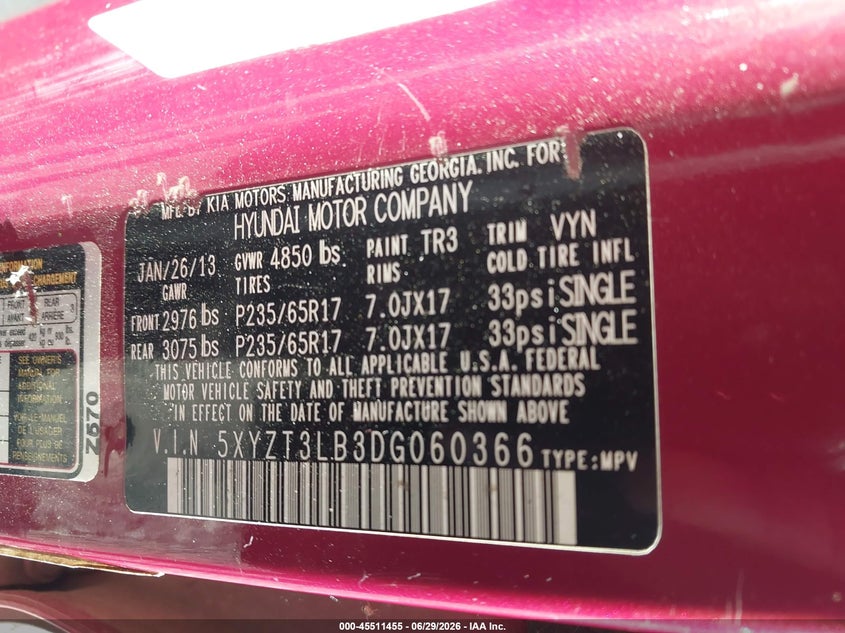 2013 Hyundai Santa fe VIN 5XYZT3LB3DG060366 IAAI salvage auction — NORMAL WEAR, Repossession Paperwork (Georgia), sold $375 on 2026-07-16 (photo 9)