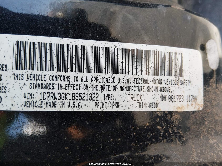 2011 Ram Dakota VIN 1D7RW3GK1BS521322 IAAI salvage auction — NORMAL WEAR, Clear (Arizona), sold $450 on 2026-07-24 (photo 9)