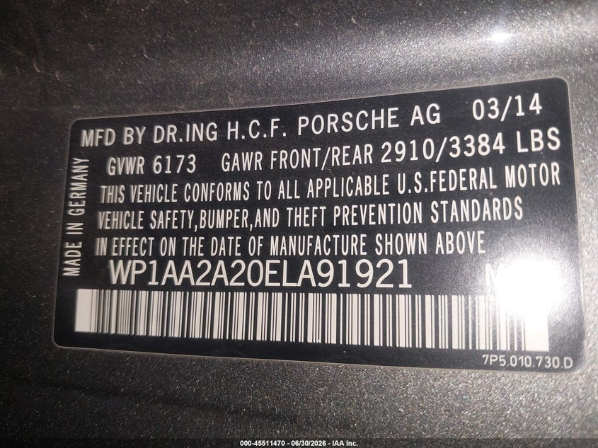 2014 Porsche Cayenne VIN WP1AA2A20ELA91921 IAAI salvage auction — FRONT END, Salvage (Arizona), sold $625 on 2026-09-30 (photo 9)
