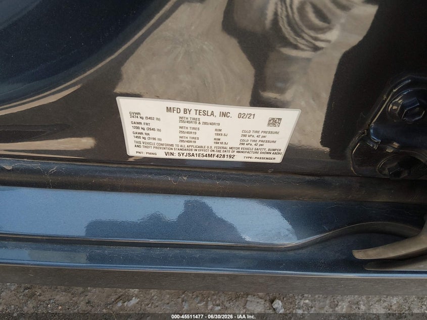 2021 Tesla Model s VIN 5YJSA1E54MF428192 IAAI salvage auction — MECHANICAL, Clear (Oklahoma), sold $15,900 on 2026-07-22 (photo 9)