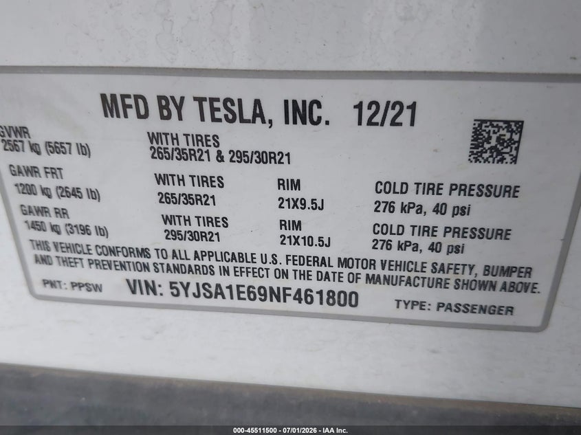 2022 Tesla Model s VIN 5YJSA1E69NF461800 IAAI salvage auction — NORMAL WEAR, Salvage Title, sold $27,350 on 2026-07-20 (photo 9)