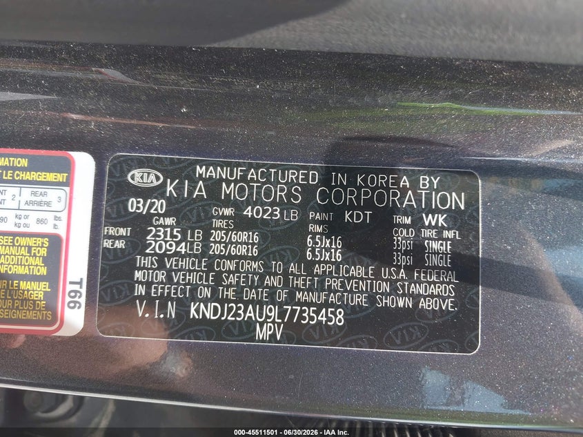2020 Kia Soul VIN KNDJ23AU9L7735458 IAAI salvage auction — NORMAL WEAR, Clear (Florida), sold $1,200 on 2026-07-16 (photo 9)
