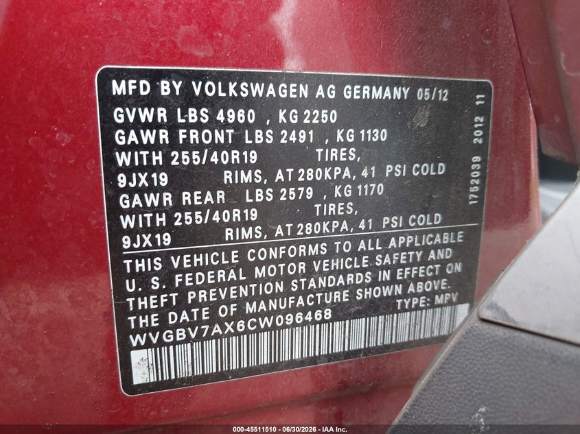 2012 Volkswagen Tiguan VIN WVGBV7AX6CW096468 IAAI salvage auction — LEFT FRONT, Bill Of Sale (Washington), sold $25 on 2026-07-29 (photo 9)