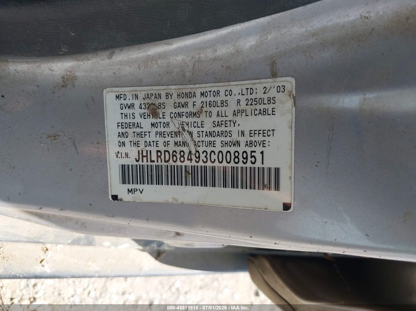 2003 Honda Cr-v VIN JHLRD68493C008951 IAAI salvage auction — NORMAL WEAR, Original (Texas), sold $800 on 2026-07-29 (photo 9)