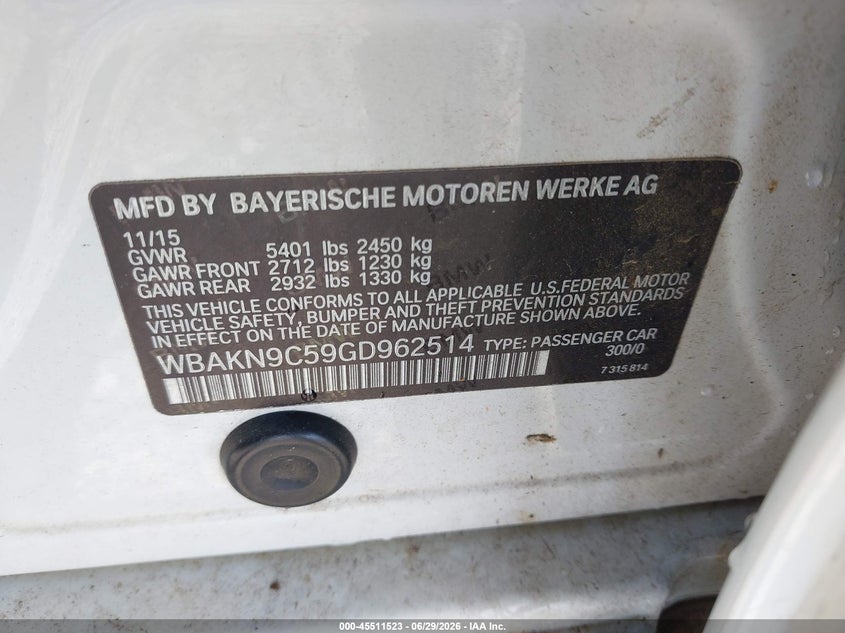 2016 BMW 5 series VIN WBAKN9C59GD962514 IAAI salvage auction — NORMAL WEAR, Repossession Paperwork (Georgia), sold $2,550 on 2026-07-13 (photo 9)