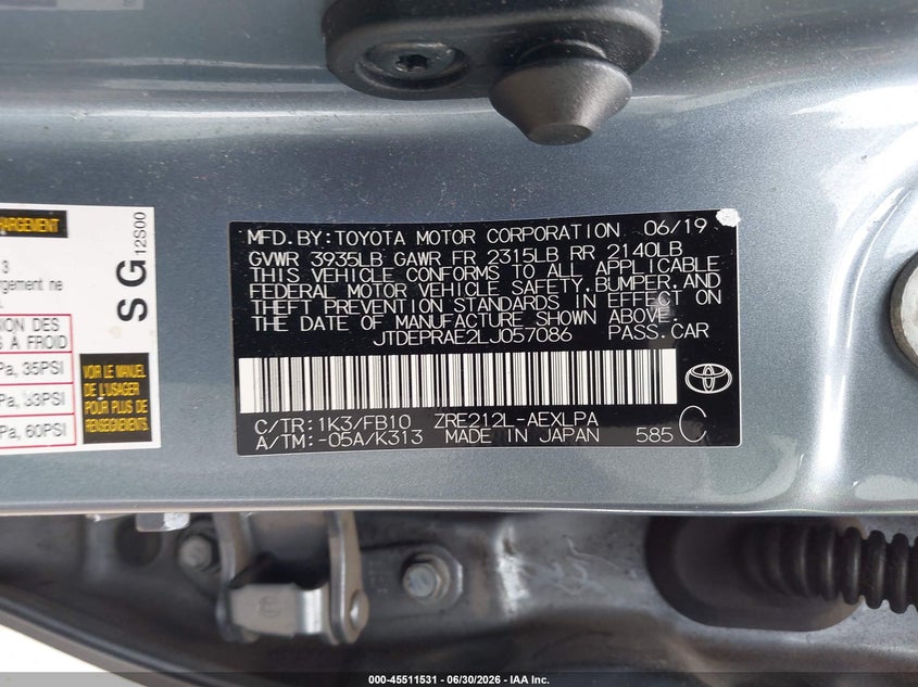 2020 Toyota Corolla VIN JTDEPRAE2LJ057086 IAAI salvage auction — FRONT END, Salvage Title, sold $50 on 2026-07-29 (photo 9)