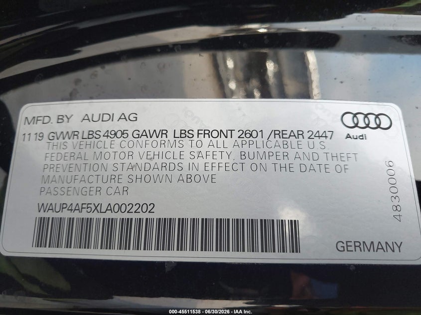 2020 Audi S5 VIN WAUP4AF5XLA002202 IAAI salvage auction — SIDE, Original (Texas), sold $8,700 on 2026-09-06 (photo 9)