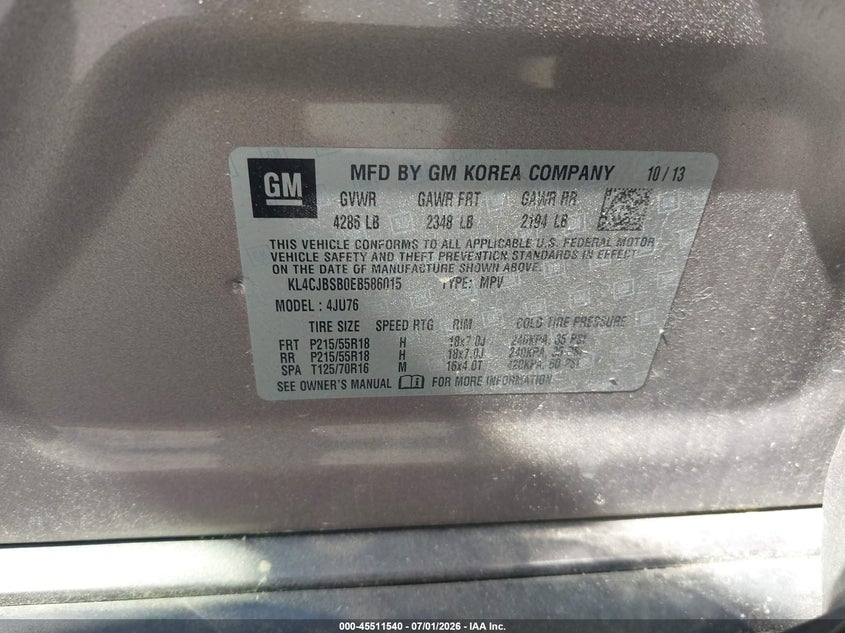 2014 Buick Encore VIN KL4CJBSB0EB586015 IAAI salvage auction — NORMAL WEAR, Clear (North Carolina), sold $350 on 2026-07-15 (photo 9)