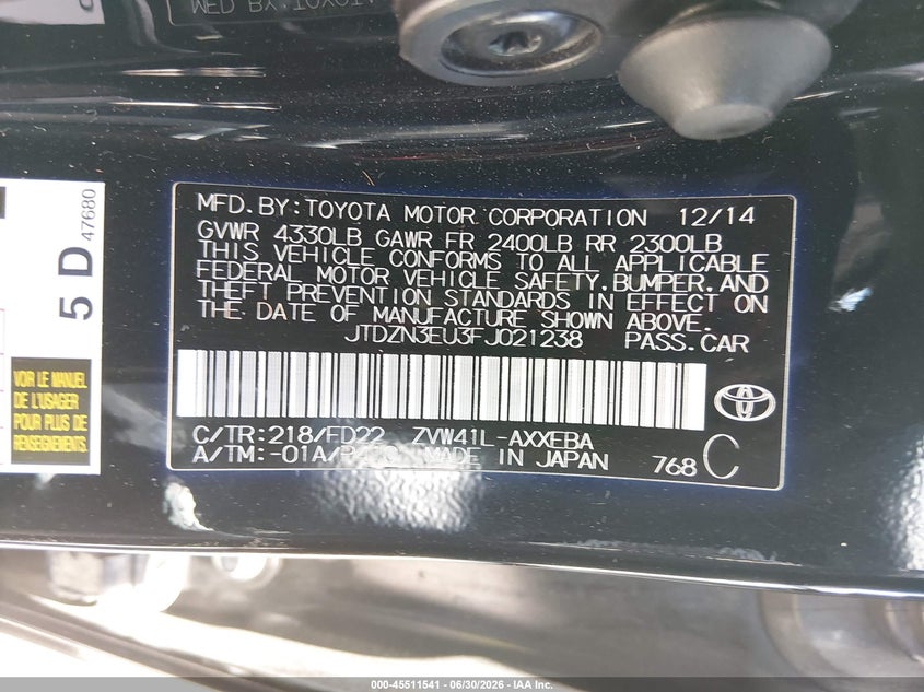 2015 Toyota Prius v VIN JTDZN3EU3FJ021238 IAAI salvage auction — RIGHT FRONT, Salvage Title, sold $575 on 2026-07-29 (photo 9)